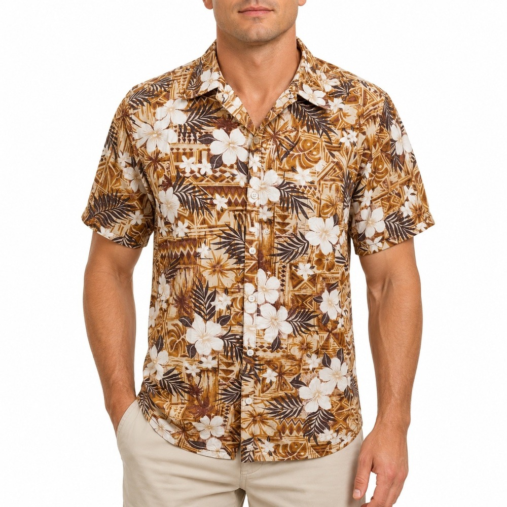 Nui Nalu Hawaiian Shirt Mens XL Tan Brown Tropical‎ Floral Tribal Made in Hawaii